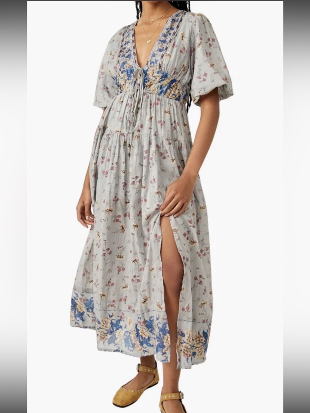 Free People LYSETTE MAXI DRESS Bluebell Combo Boho Cottage Core W/ Slit LG